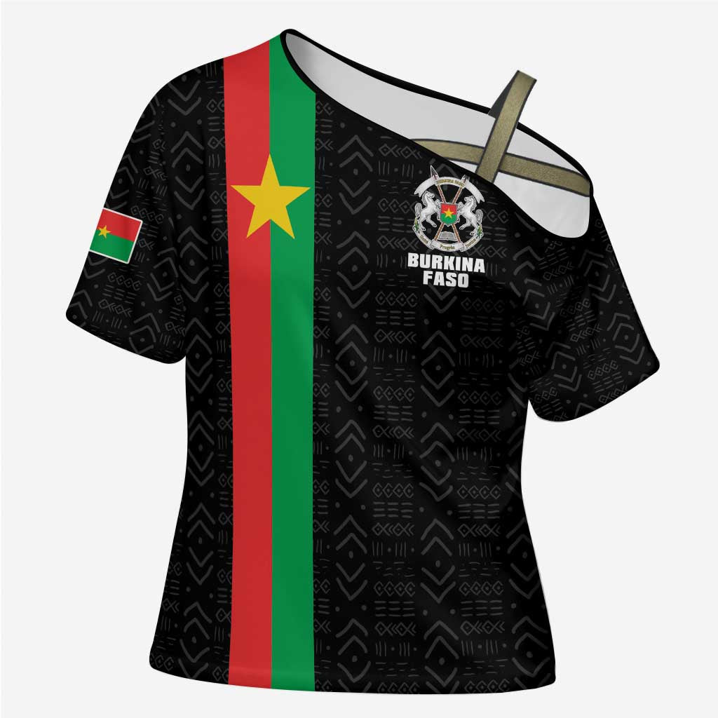 Personalized Burkina Faso Striped Cross Shoulder Shirt African Mud Cloth Pattern - Black - Wonder Print Shop