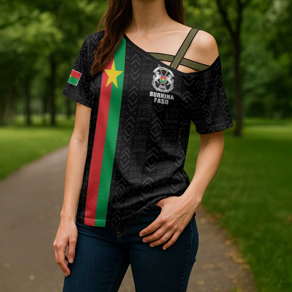 Personalized Burkina Faso Striped Cross Shoulder Shirt African Mud Cloth Pattern - Black - Wonder Print Shop