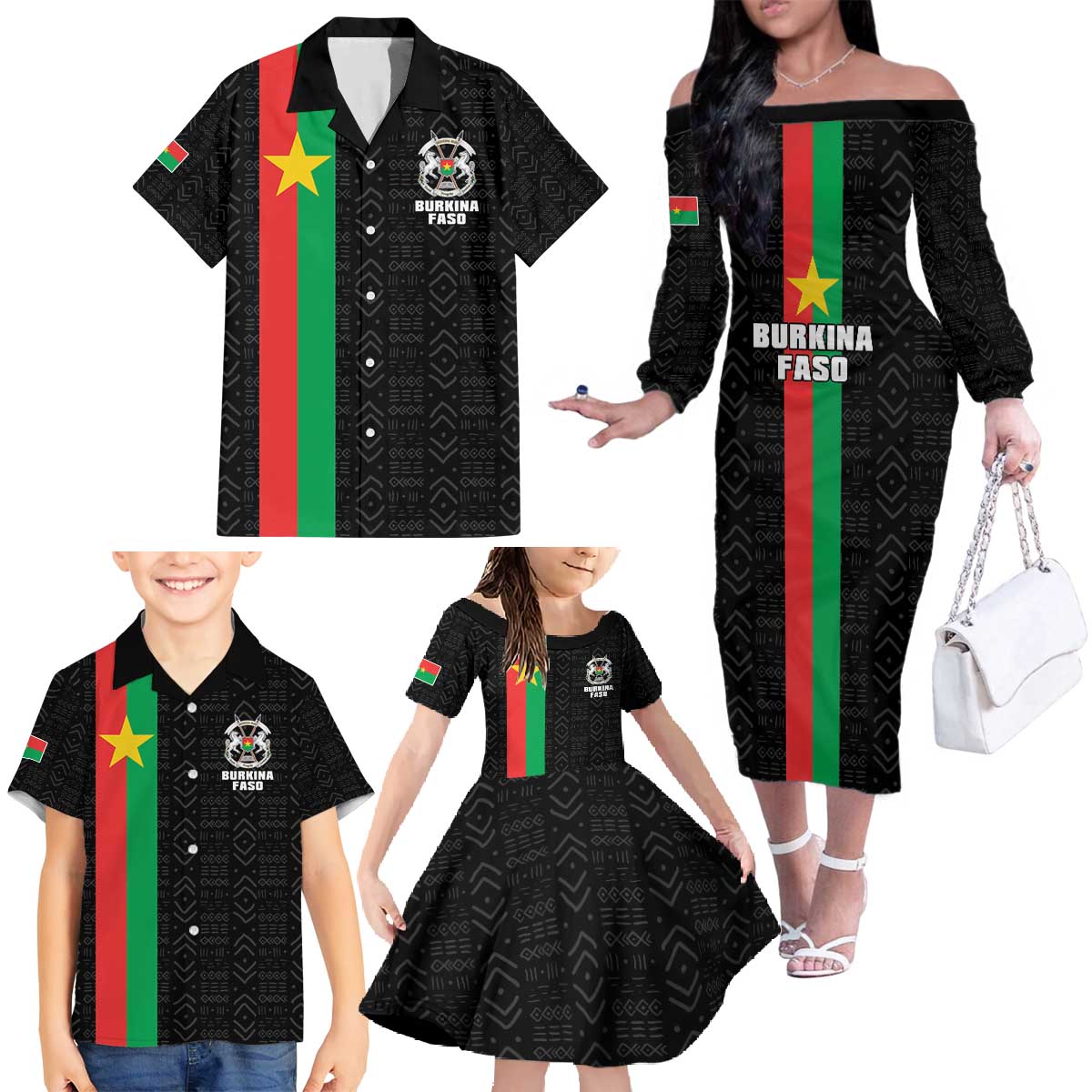 Personalized Burkina Faso Striped Family Matching Off The Shoulder Long Sleeve Dress and Hawaiian Shirt African Mud Cloth Pattern - Black - Wonder Print Shop