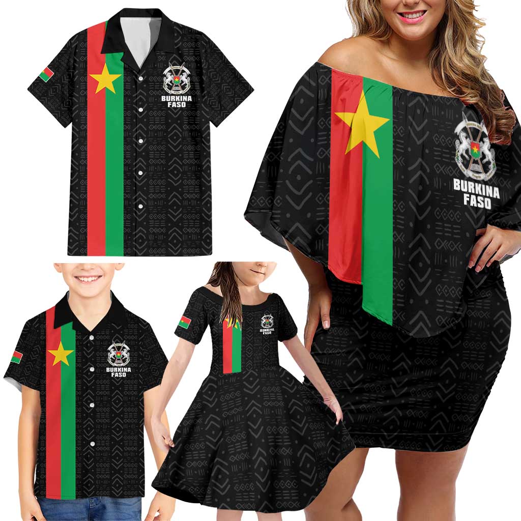 Personalized Burkina Faso Striped Family Matching Off Shoulder Short Dress and Hawaiian Shirt African Mud Cloth Pattern - Black - Wonder Print Shop