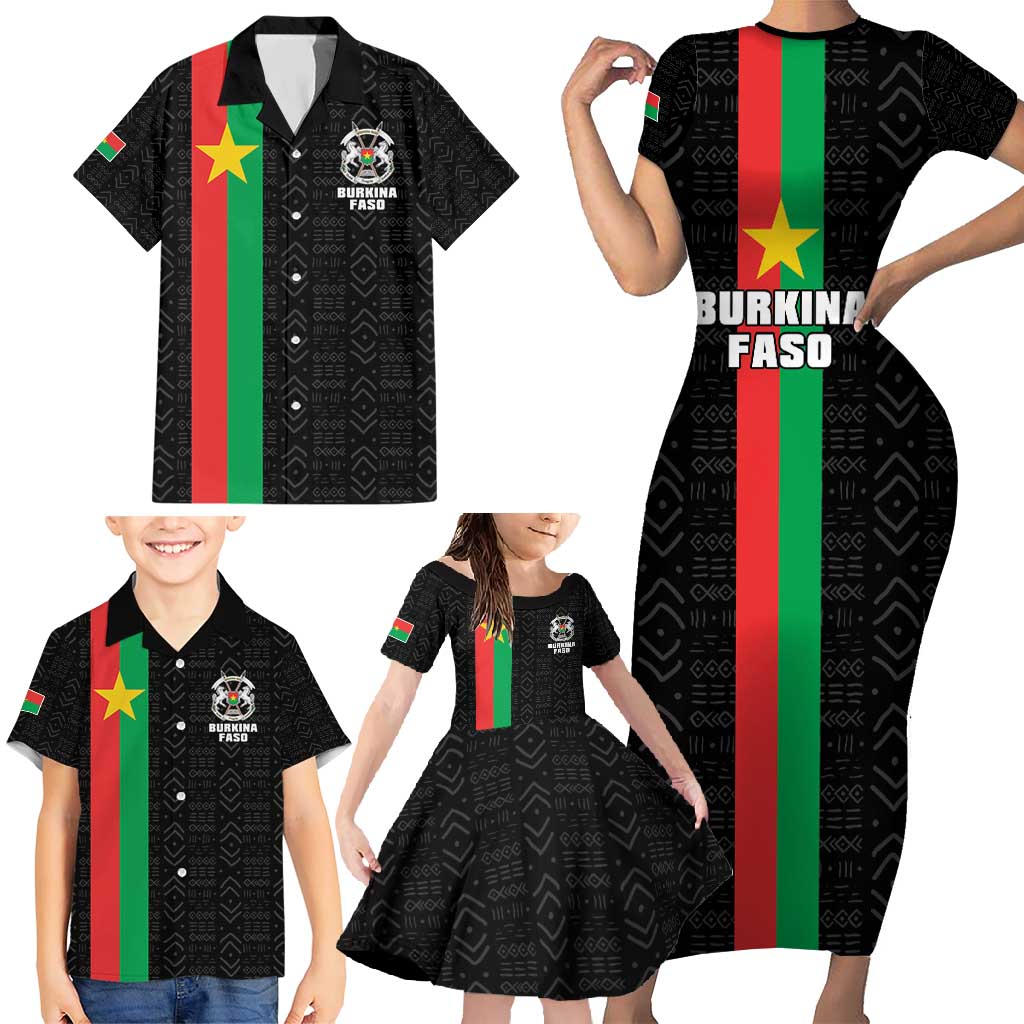 Personalized Burkina Faso Striped Family Matching Short Sleeve Bodycon Dress and Hawaiian Shirt African Mud Cloth Pattern - Black - Wonder Print Shop