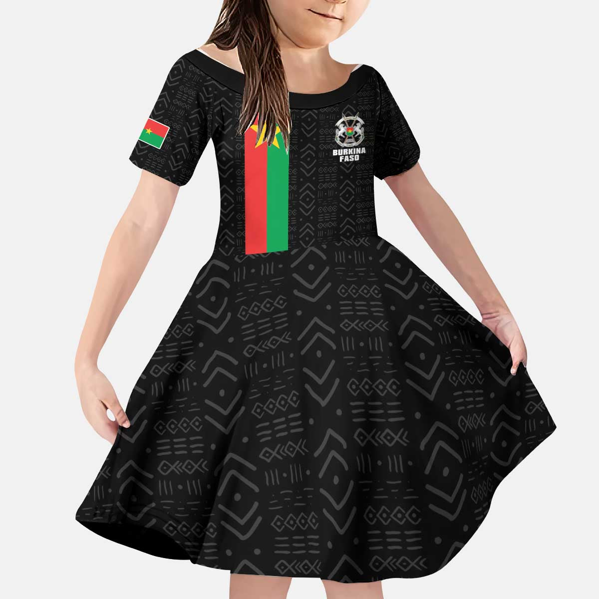 Personalized Burkina Faso Striped Kid Short Sleeve Dress African Mud Cloth Pattern - Black - Wonder Print Shop