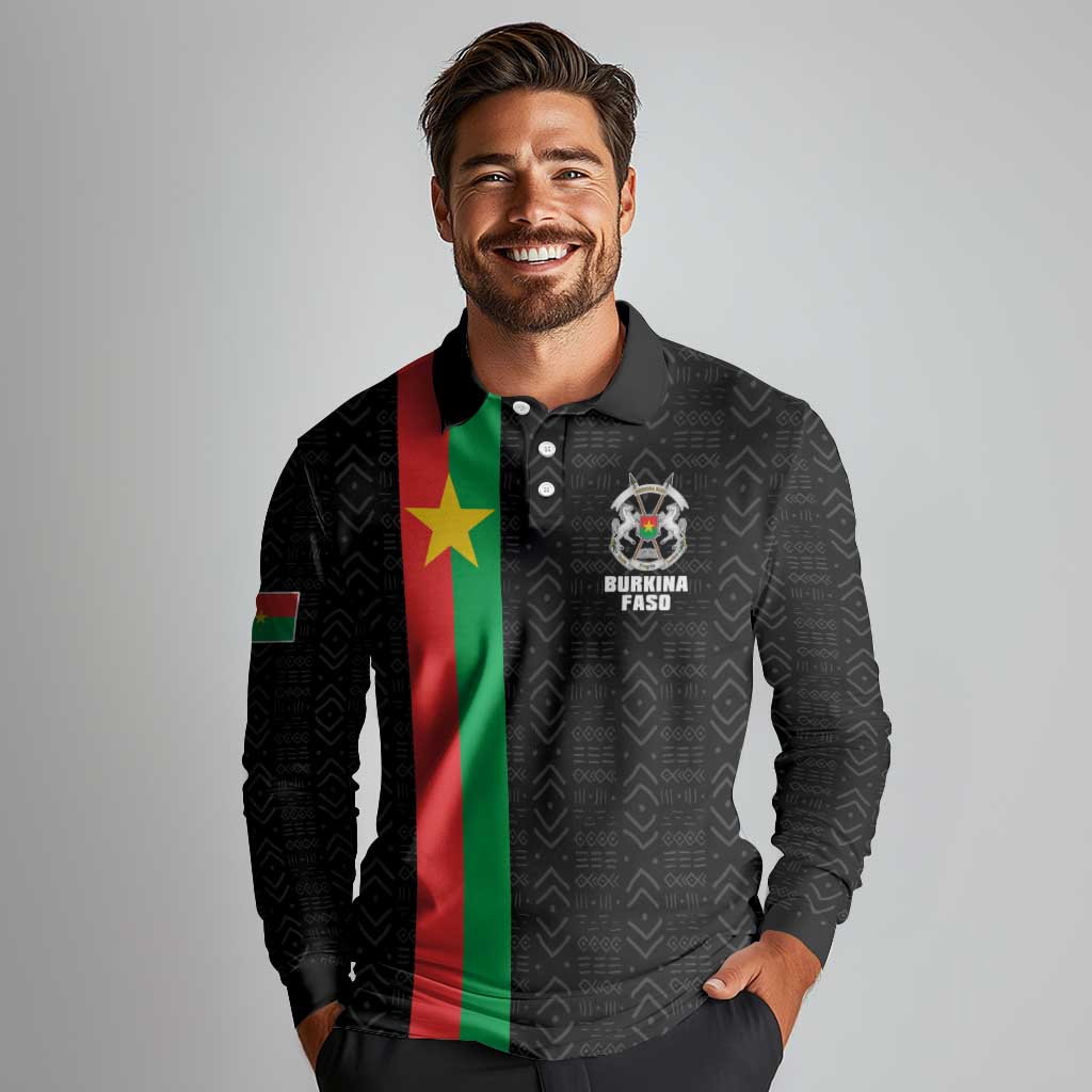 Personalized Burkina Faso Striped Long Sleeve Polo Shirt African Mud Cloth Pattern - Black - Wonder Print Shop