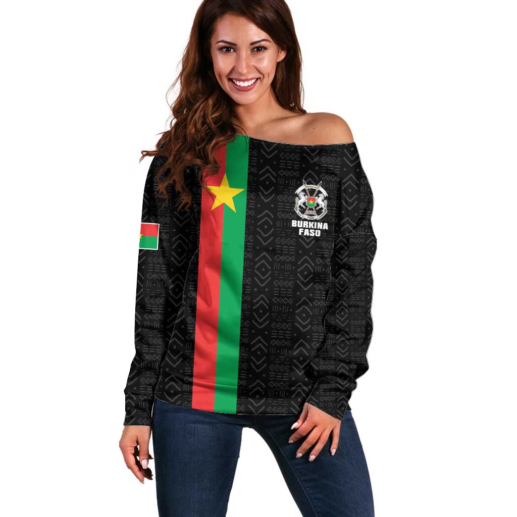 Personalized Burkina Faso Striped Off Shoulder Sweater African Mud Cloth Pattern - Black - Wonder Print Shop
