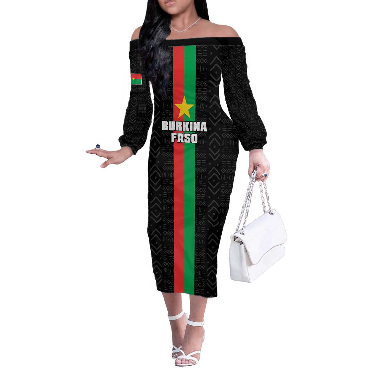 Personalized Burkina Faso Striped Off The Shoulder Long Sleeve Dress African Mud Cloth Pattern - Black - Wonder Print Shop