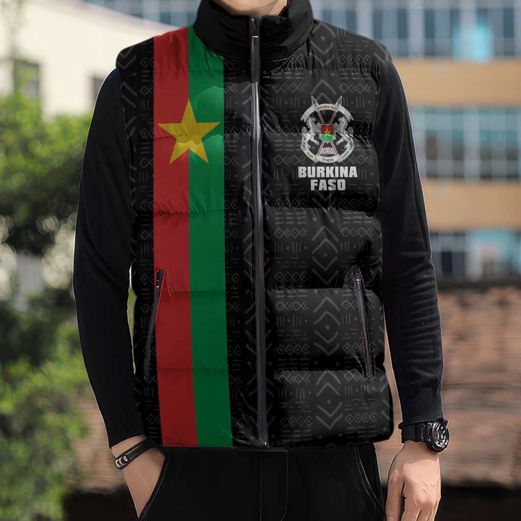 Personalized Burkina Faso Striped Sleeveless Puffer Jacket African Mud Cloth Pattern - Black - Wonder Print Shop