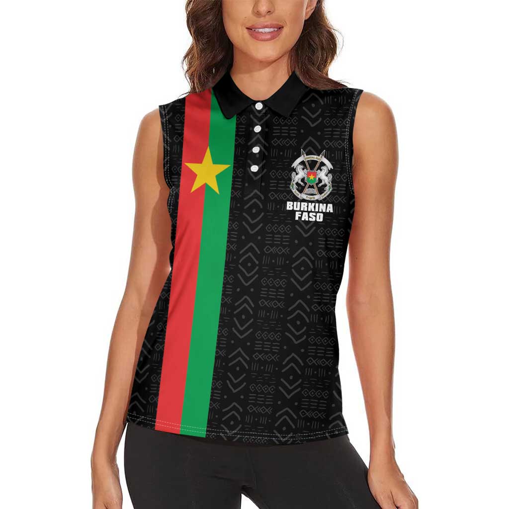 Personalized Burkina Faso Striped Women Sleeveless Polo Shirt African Mud Cloth Pattern - Black - Wonder Print Shop