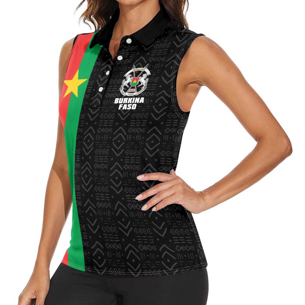Personalized Burkina Faso Striped Women Sleeveless Polo Shirt African Mud Cloth Pattern - Black - Wonder Print Shop