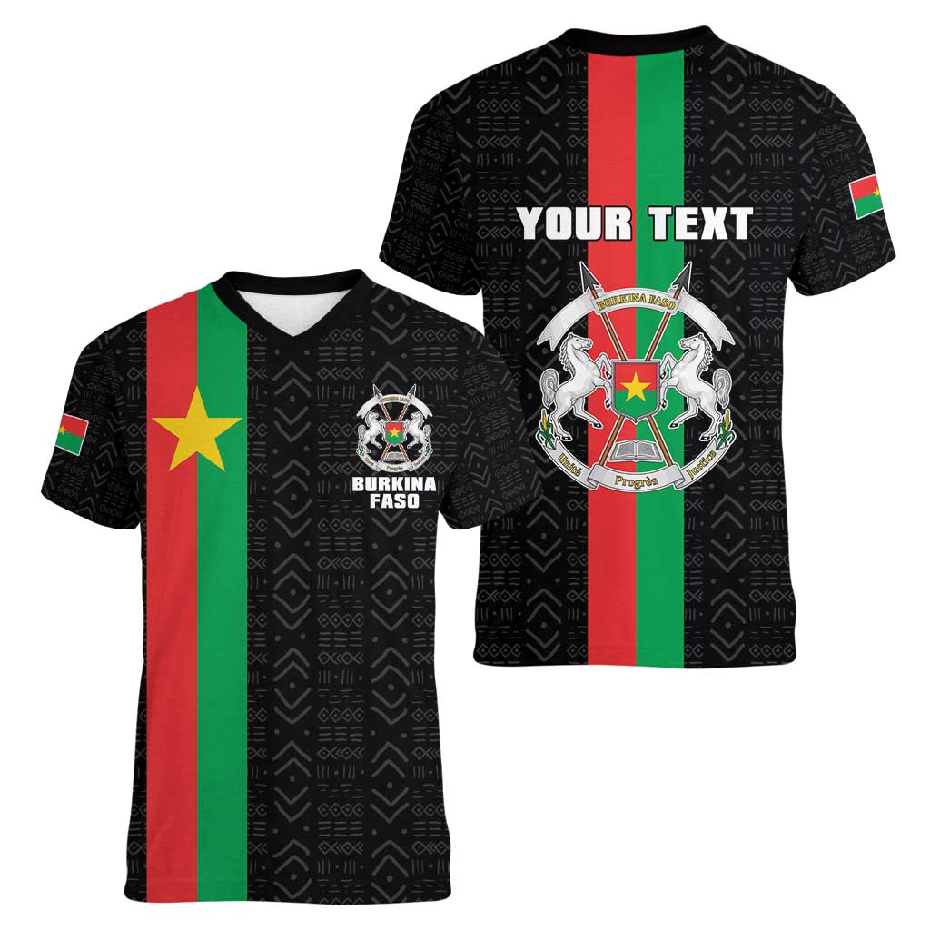 Personalized Burkina Faso Striped Women V-Neck T-Shirt African Mud Cloth Pattern - Black - Wonder Print Shop