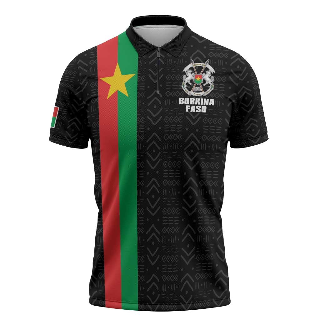Personalized Burkina Faso Striped Zipper Polo Shirt African Mud Cloth Pattern - Black - Wonder Print Shop