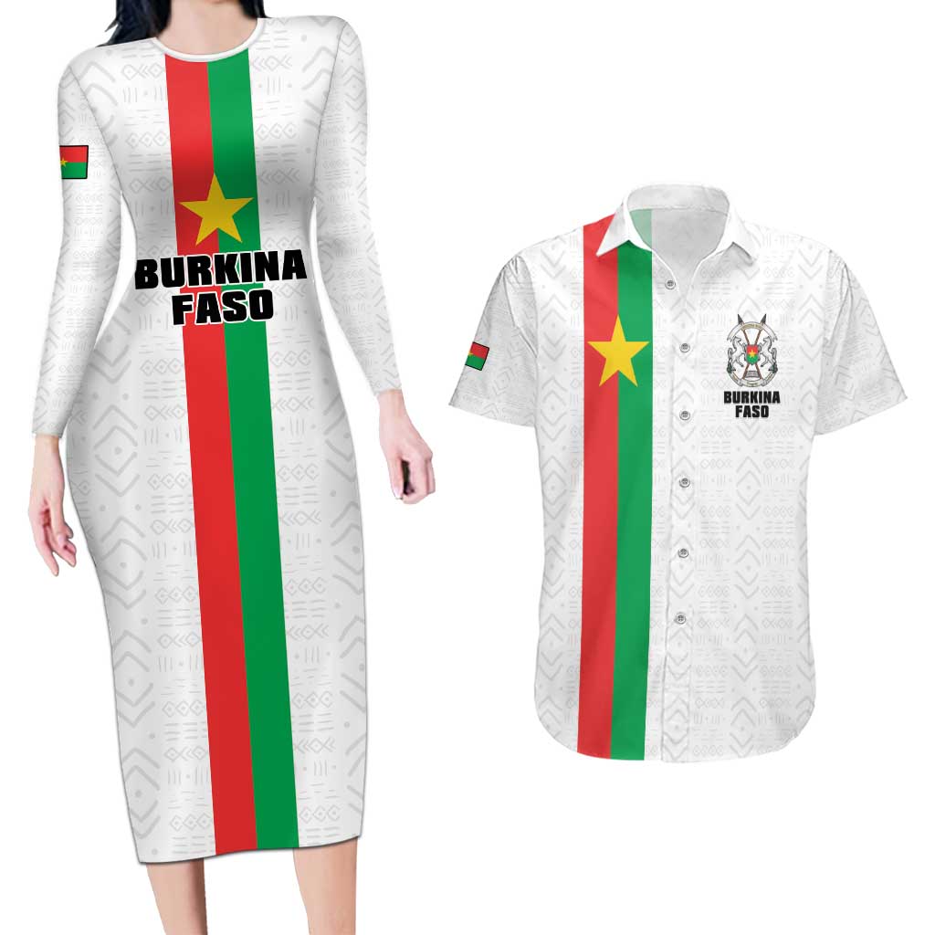 Personalized Burkina Faso Striped Couples Matching Long Sleeve Bodycon Dress and Hawaiian Shirt African Mud Cloth Pattern - White - Wonder Print Shop