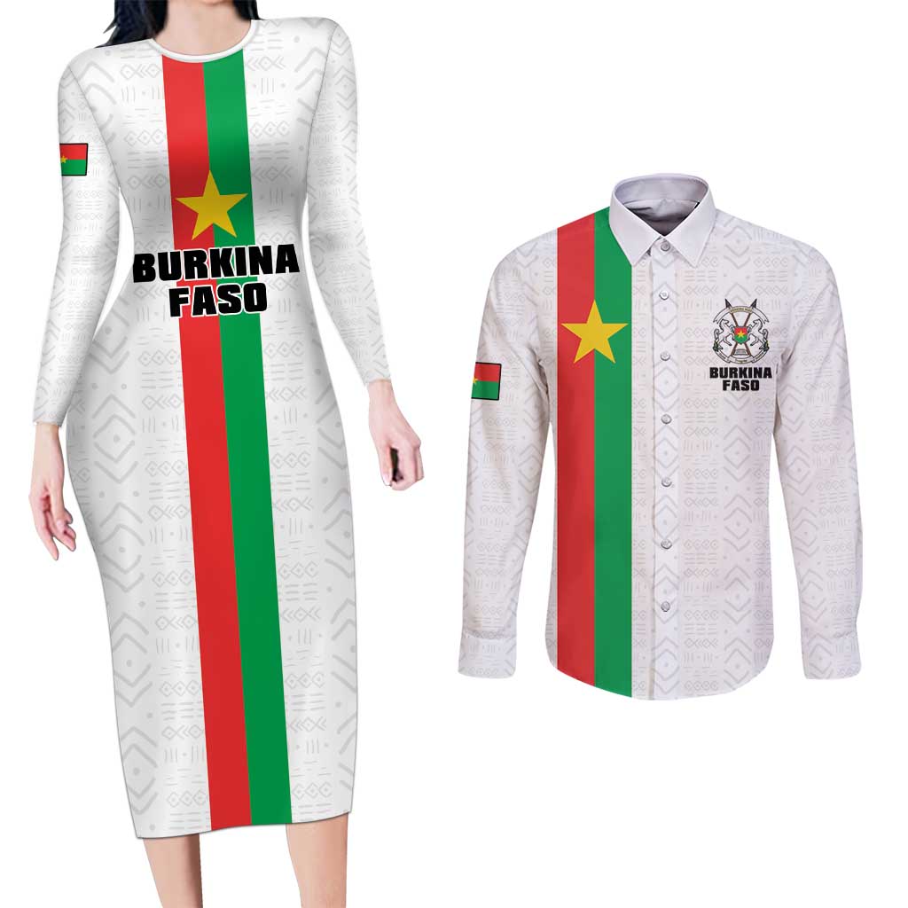 Personalized Burkina Faso Striped Couples Matching Long Sleeve Bodycon Dress and Long Sleeve Button Shirt African Mud Cloth Pattern - White - Wonder Print Shop