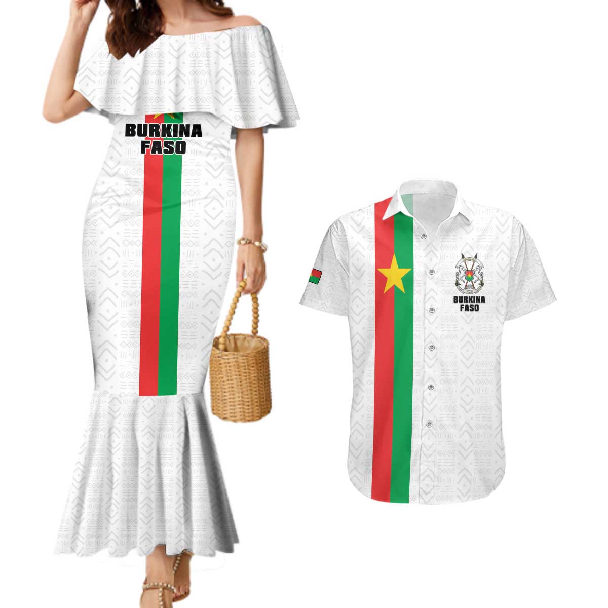 Personalized Burkina Faso Striped Couples Matching Mermaid Dress and Hawaiian Shirt African Mud Cloth Pattern - White - Wonder Print Shop