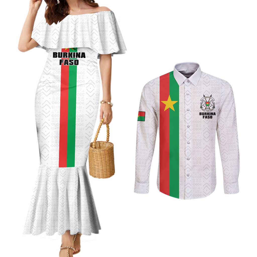 Personalized Burkina Faso Striped Couples Matching Mermaid Dress and Long Sleeve Button Shirt African Mud Cloth Pattern - White - Wonder Print Shop