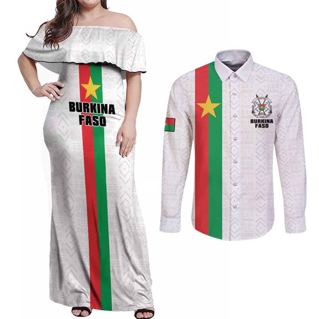 Personalized Burkina Faso Striped Couples Matching Off Shoulder Maxi Dress and Long Sleeve Button Shirt African Mud Cloth Pattern - White - Wonder Print Shop