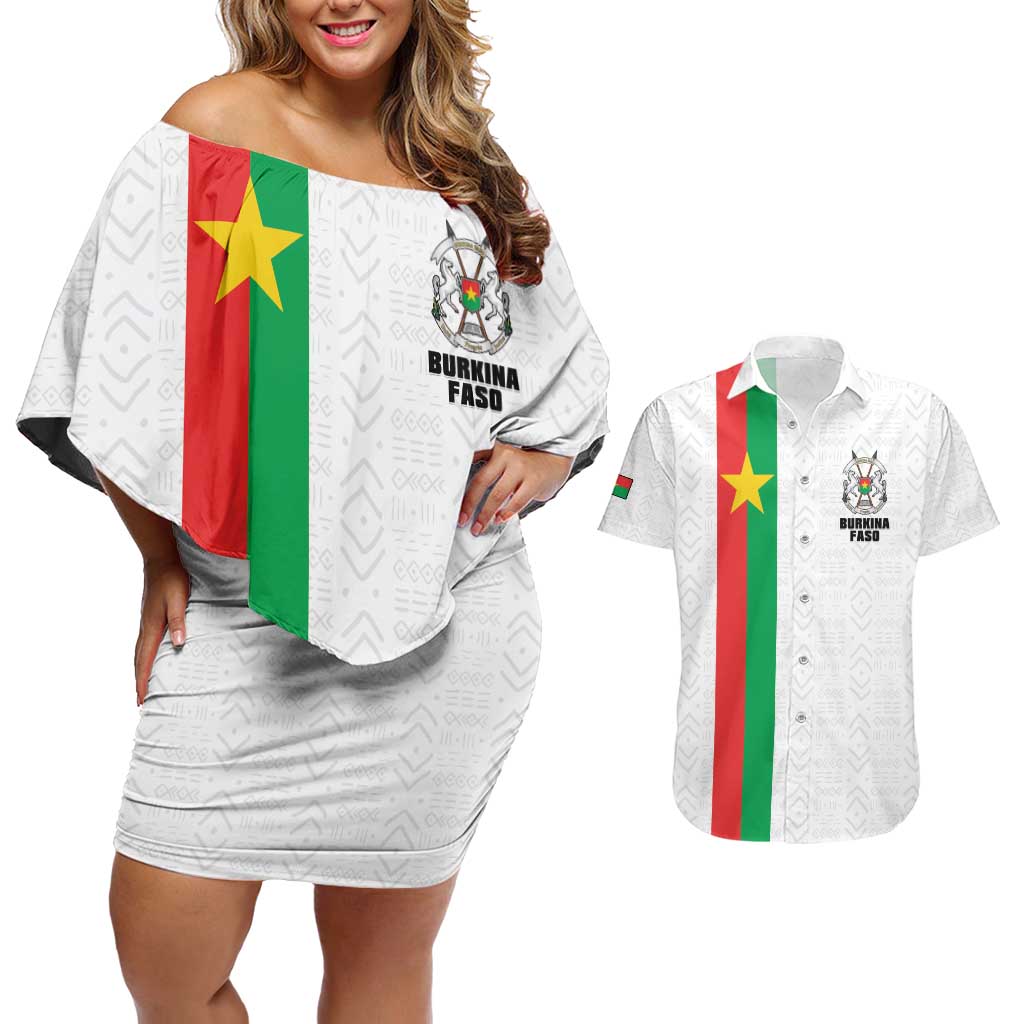 Personalized Burkina Faso Striped Couples Matching Off Shoulder Short Dress and Hawaiian Shirt African Mud Cloth Pattern - White - Wonder Print Shop
