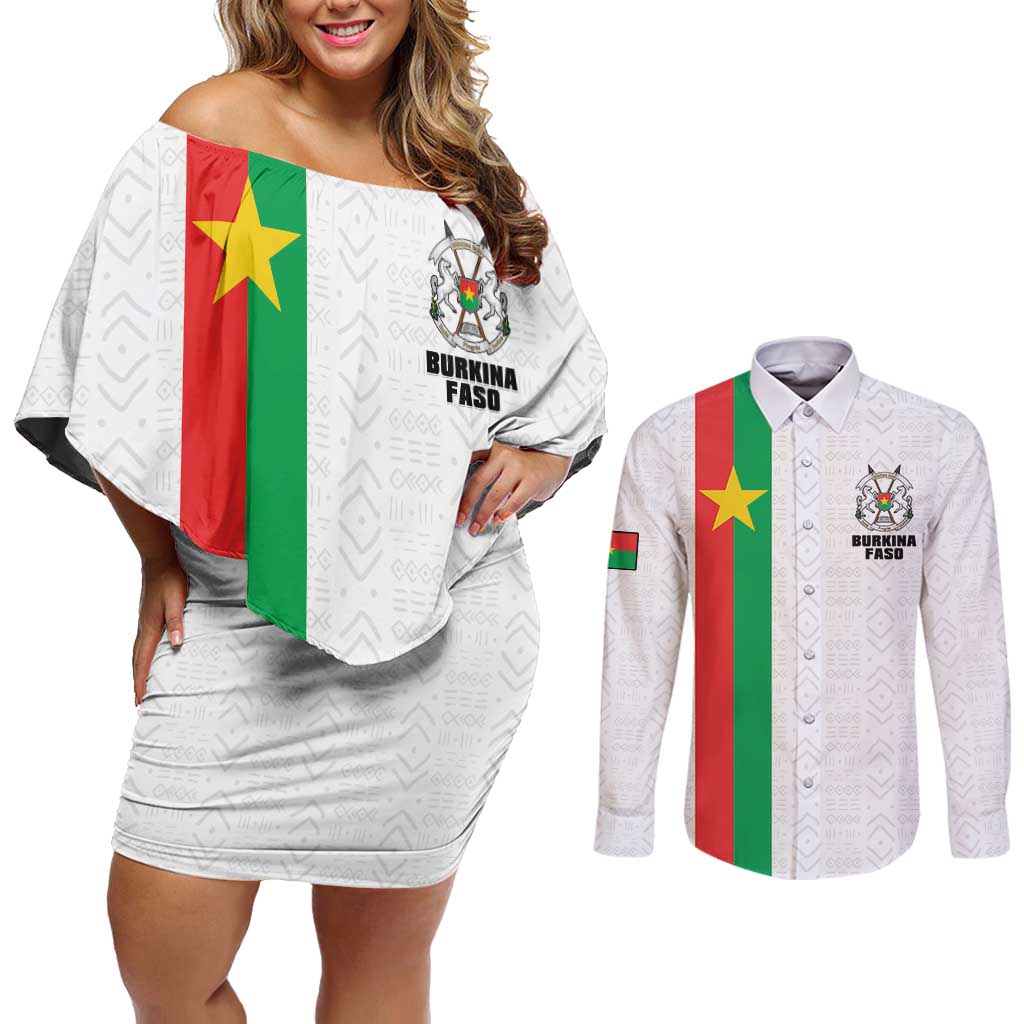 Personalized Burkina Faso Striped Couples Matching Off Shoulder Short Dress and Long Sleeve Button Shirt African Mud Cloth Pattern - White - Wonder Print Shop