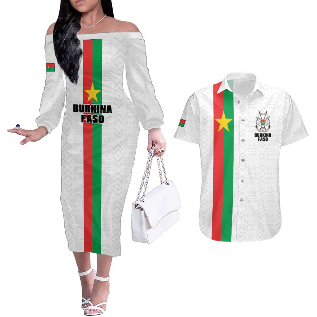 Personalized Burkina Faso Striped Couples Matching Off The Shoulder Long Sleeve Dress and Hawaiian Shirt African Mud Cloth Pattern - White - Wonder Print Shop