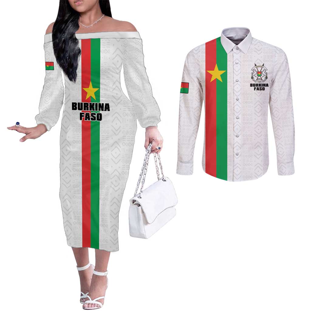 Personalized Burkina Faso Striped Couples Matching Off The Shoulder Long Sleeve Dress and Long Sleeve Button Shirt African Mud Cloth Pattern - White - Wonder Print Shop