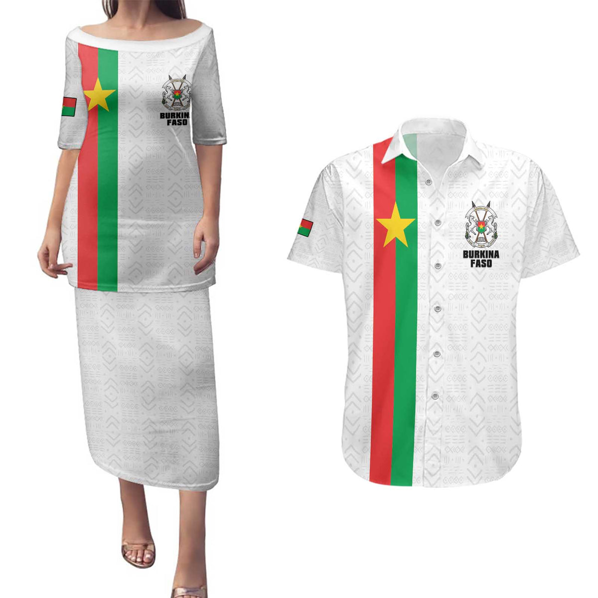 Personalized Burkina Faso Striped Couples Matching Puletasi and Hawaiian Shirt African Mud Cloth Pattern - White - Wonder Print Shop