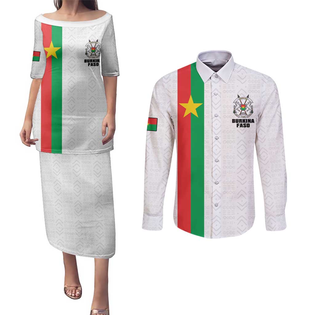 Personalized Burkina Faso Striped Couples Matching Puletasi and Long Sleeve Button Shirt African Mud Cloth Pattern - White - Wonder Print Shop
