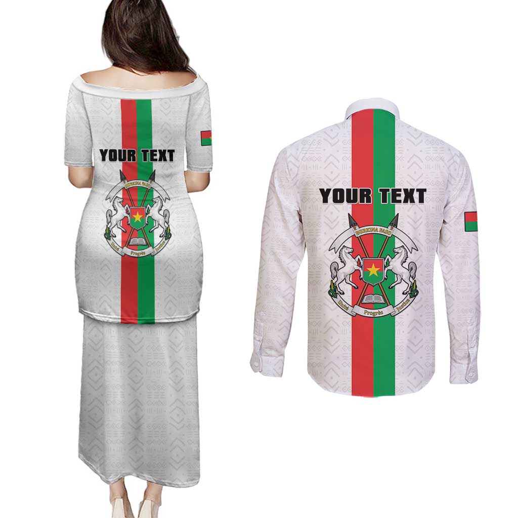 Personalized Burkina Faso Striped Couples Matching Puletasi and Long Sleeve Button Shirt African Mud Cloth Pattern - White - Wonder Print Shop