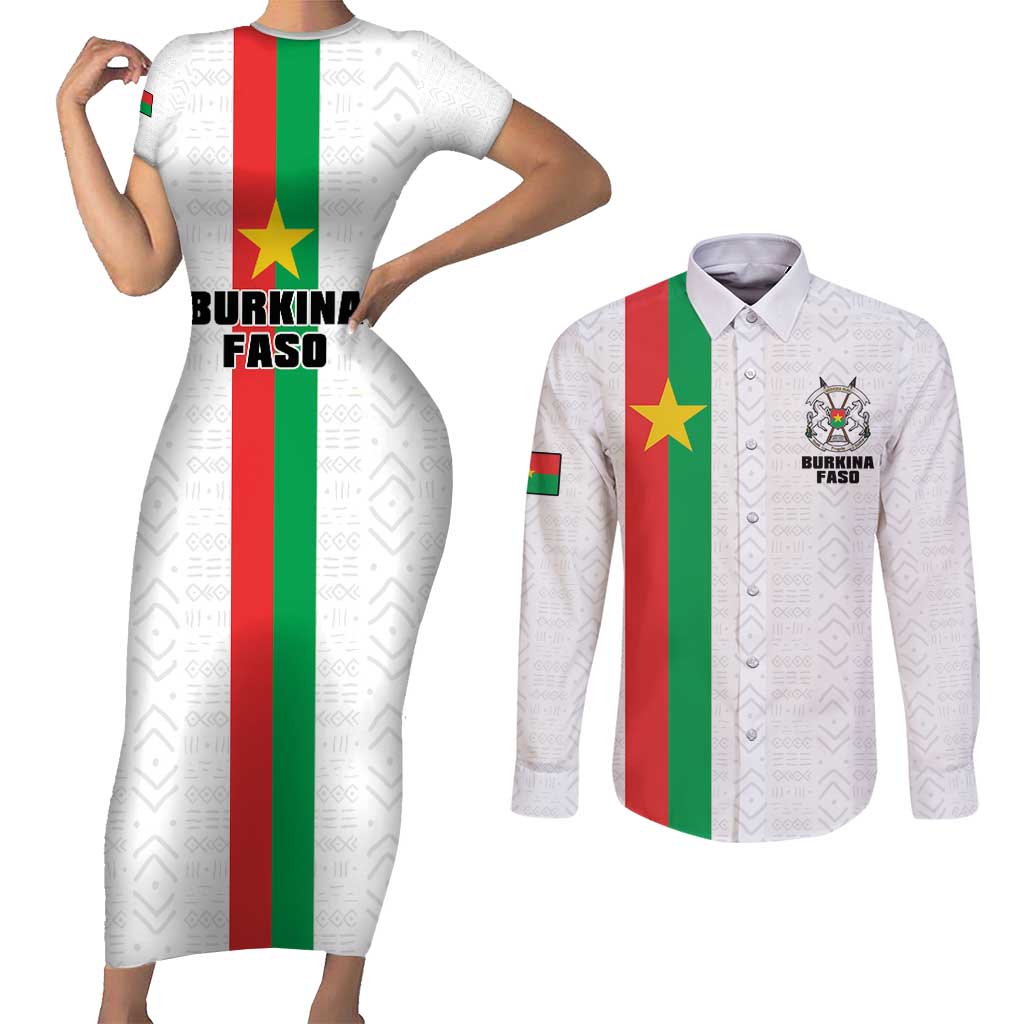 Personalized Burkina Faso Striped Couples Matching Short Sleeve Bodycon Dress and Long Sleeve Button Shirt African Mud Cloth Pattern - White - Wonder Print Shop
