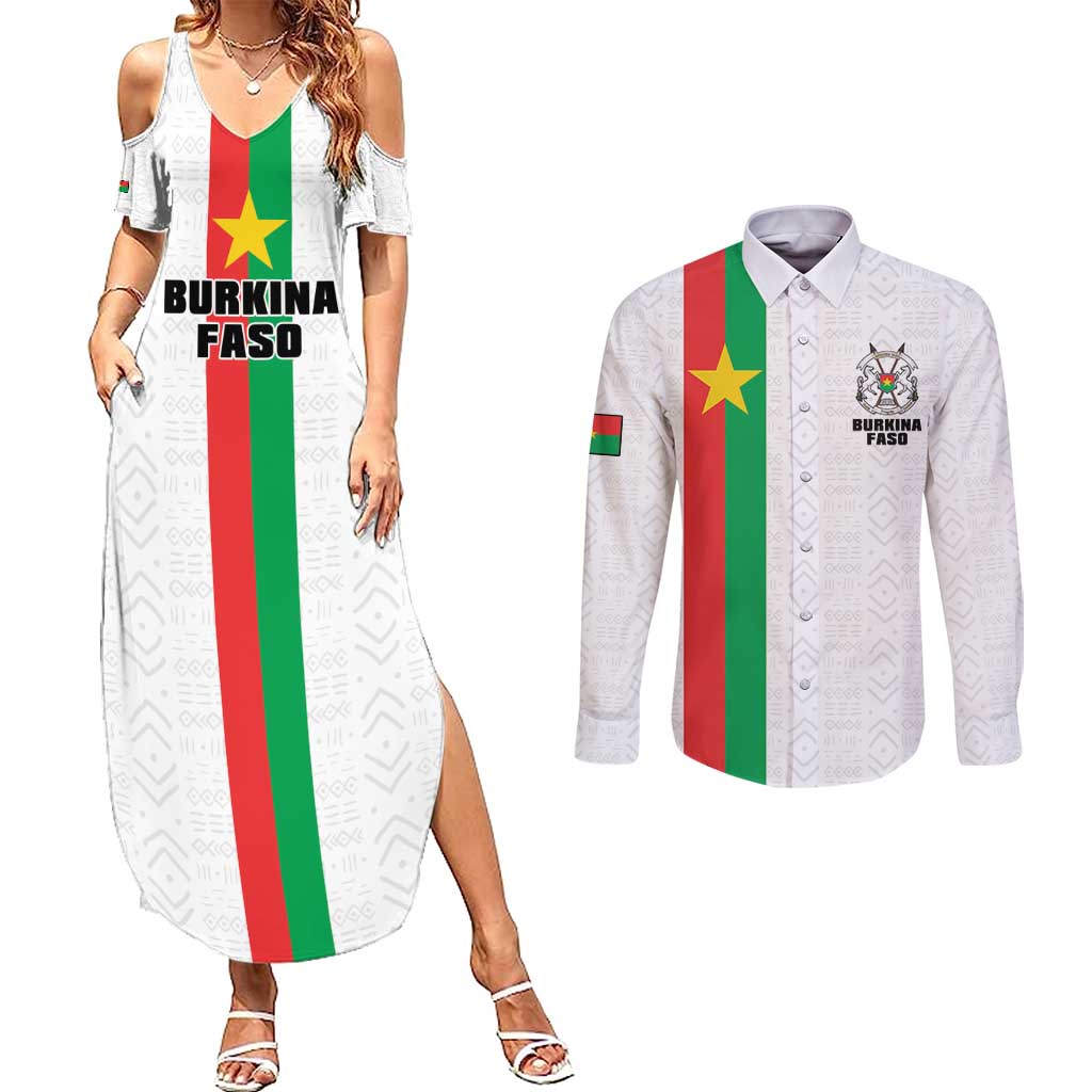 Personalized Burkina Faso Striped Couples Matching Summer Maxi Dress and Long Sleeve Button Shirt African Mud Cloth Pattern - White - Wonder Print Shop