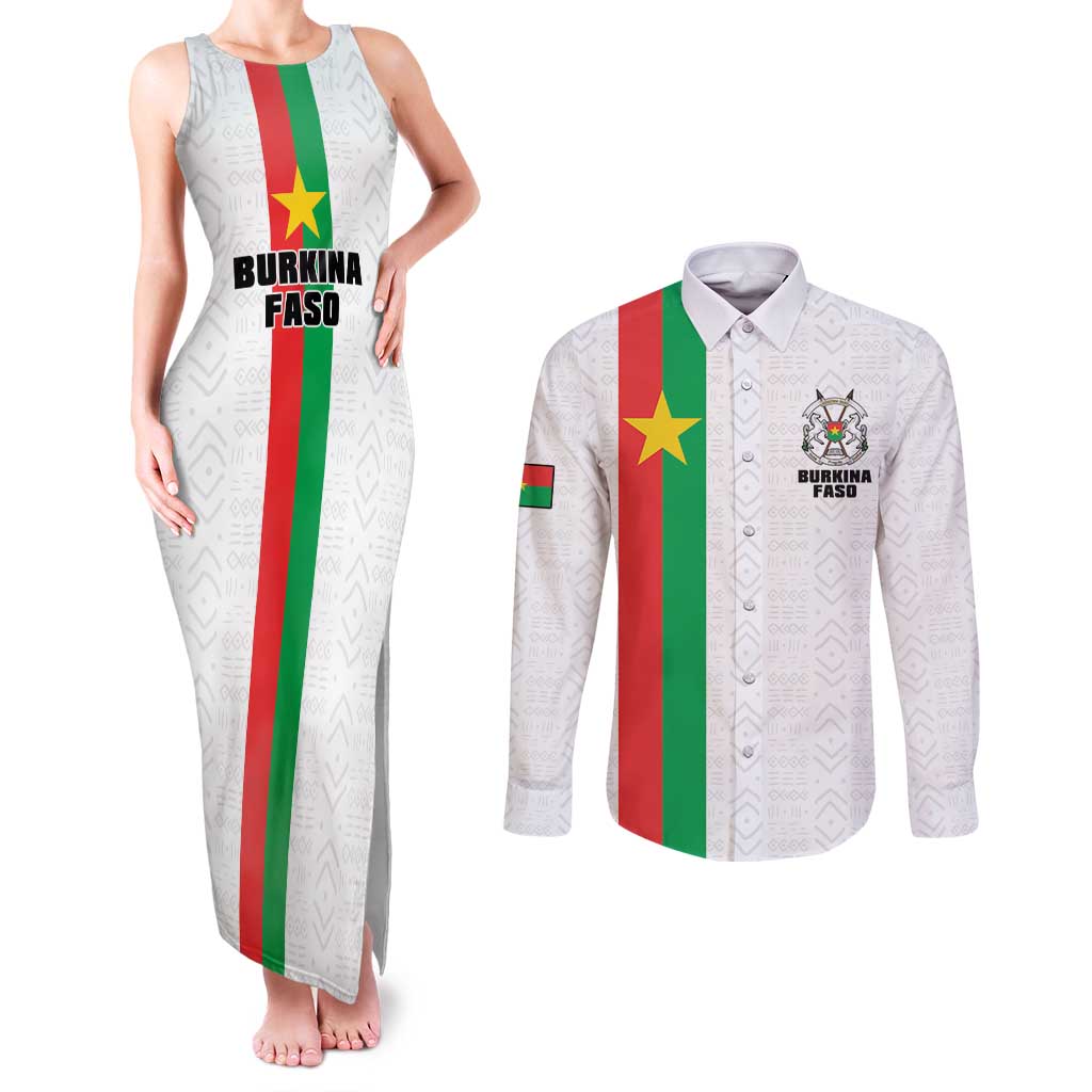 Personalized Burkina Faso Striped Couples Matching Tank Maxi Dress and Long Sleeve Button Shirt African Mud Cloth Pattern - White - Wonder Print Shop