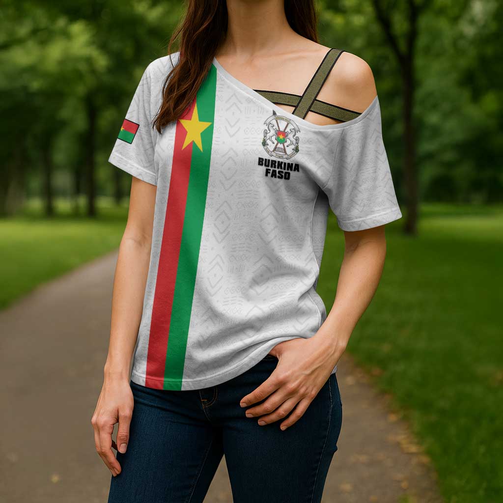 Personalized Burkina Faso Striped Cross Shoulder Shirt African Mud Cloth Pattern - White - Wonder Print Shop
