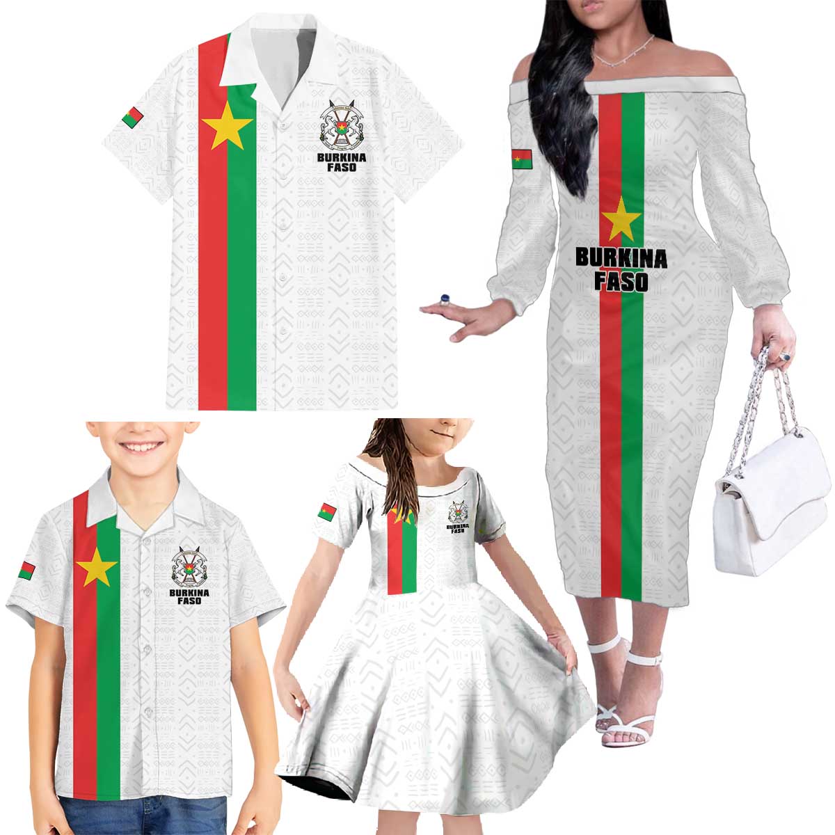 Personalized Burkina Faso Striped Family Matching Off The Shoulder Long Sleeve Dress and Hawaiian Shirt African Mud Cloth Pattern - White - Wonder Print Shop