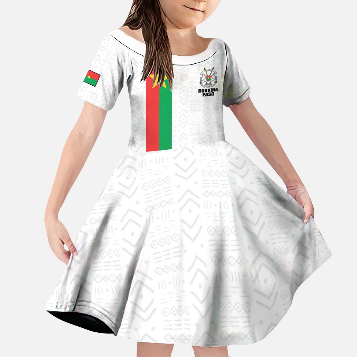 Personalized Burkina Faso Striped Kid Short Sleeve Dress African Mud Cloth Pattern - White - Wonder Print Shop