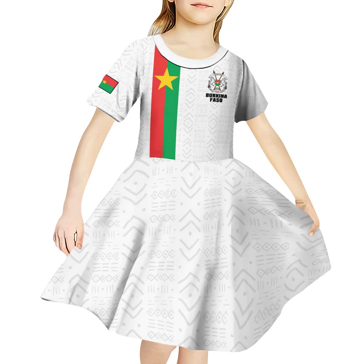 Personalized Burkina Faso Striped Kid Short Sleeve Dress African Mud Cloth Pattern - White - Wonder Print Shop