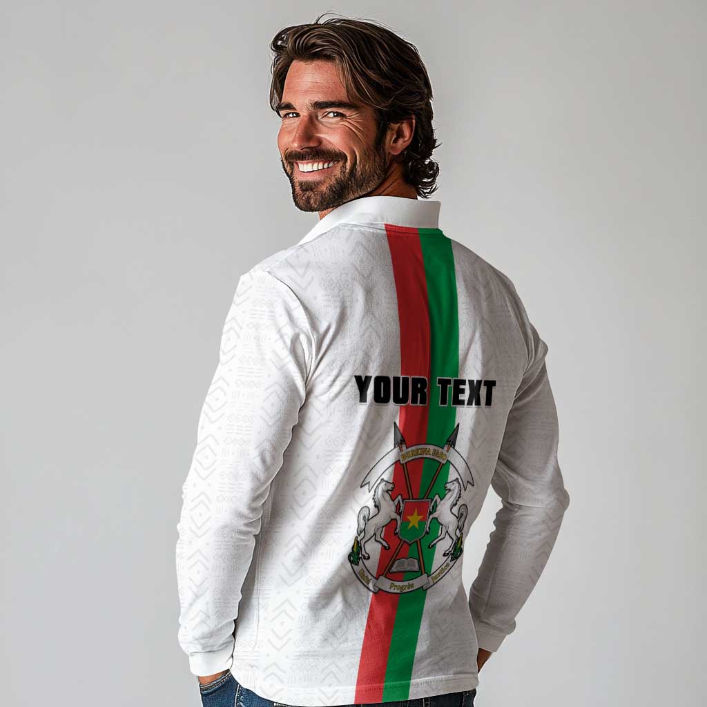 Personalized Burkina Faso Striped Long Sleeve Polo Shirt African Mud Cloth Pattern - White - Wonder Print Shop