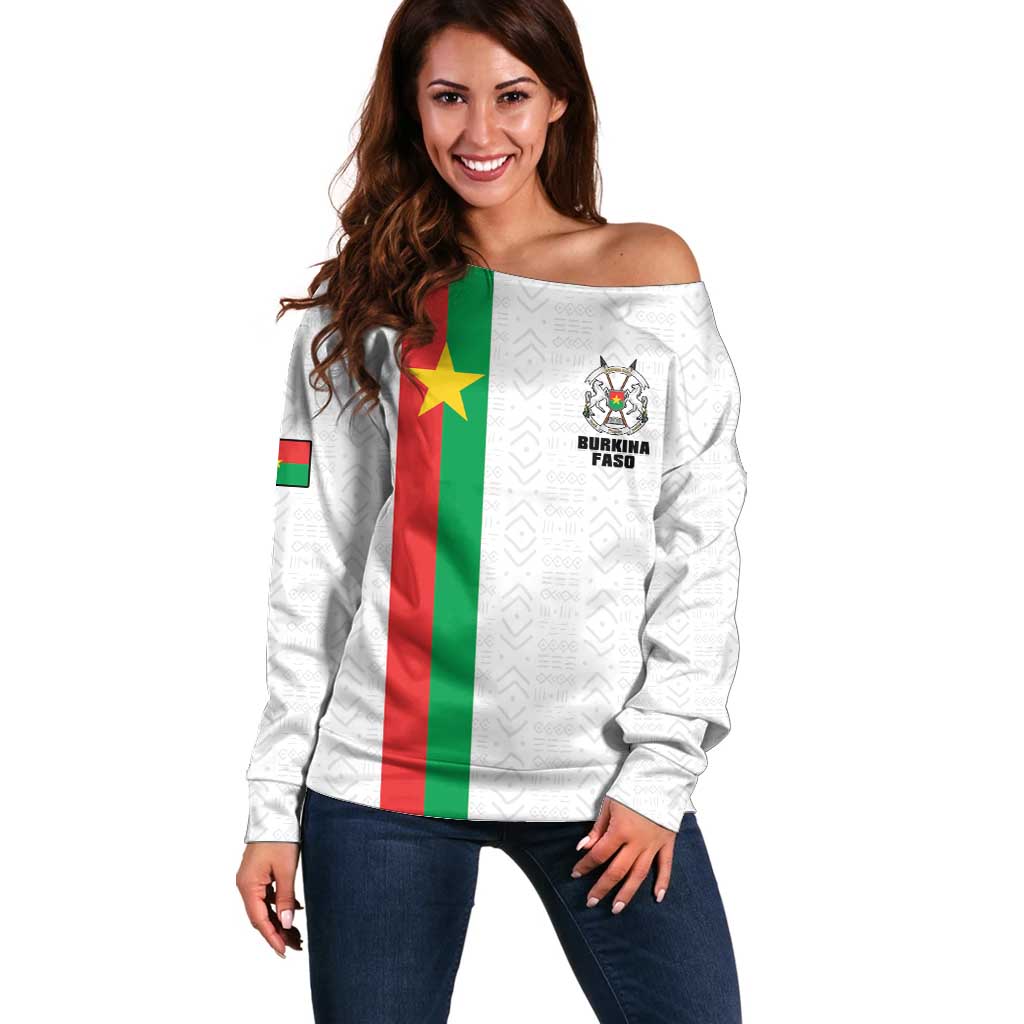 Personalized Burkina Faso Striped Off Shoulder Sweater African Mud Cloth Pattern - White - Wonder Print Shop