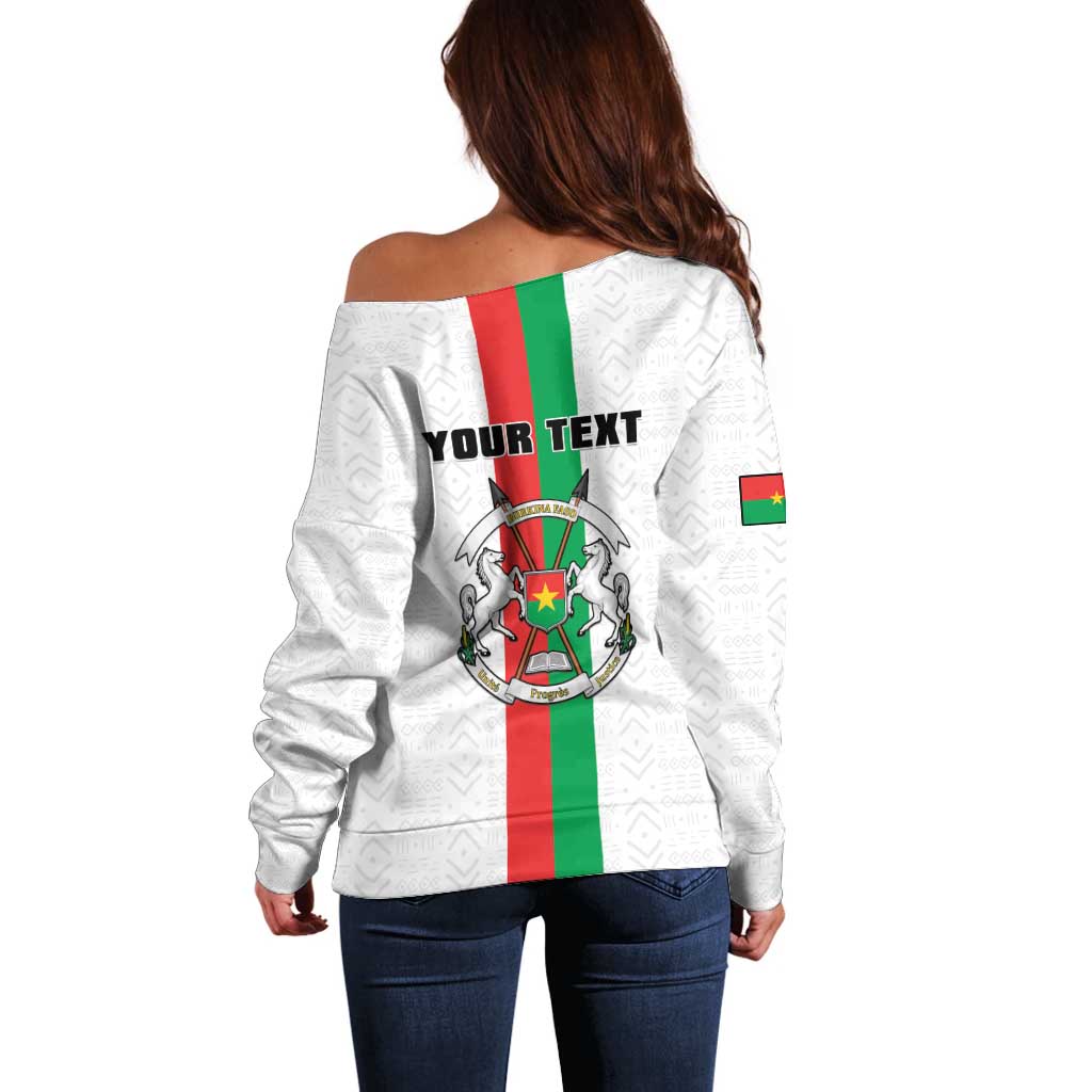 Personalized Burkina Faso Striped Off Shoulder Sweater African Mud Cloth Pattern - White - Wonder Print Shop