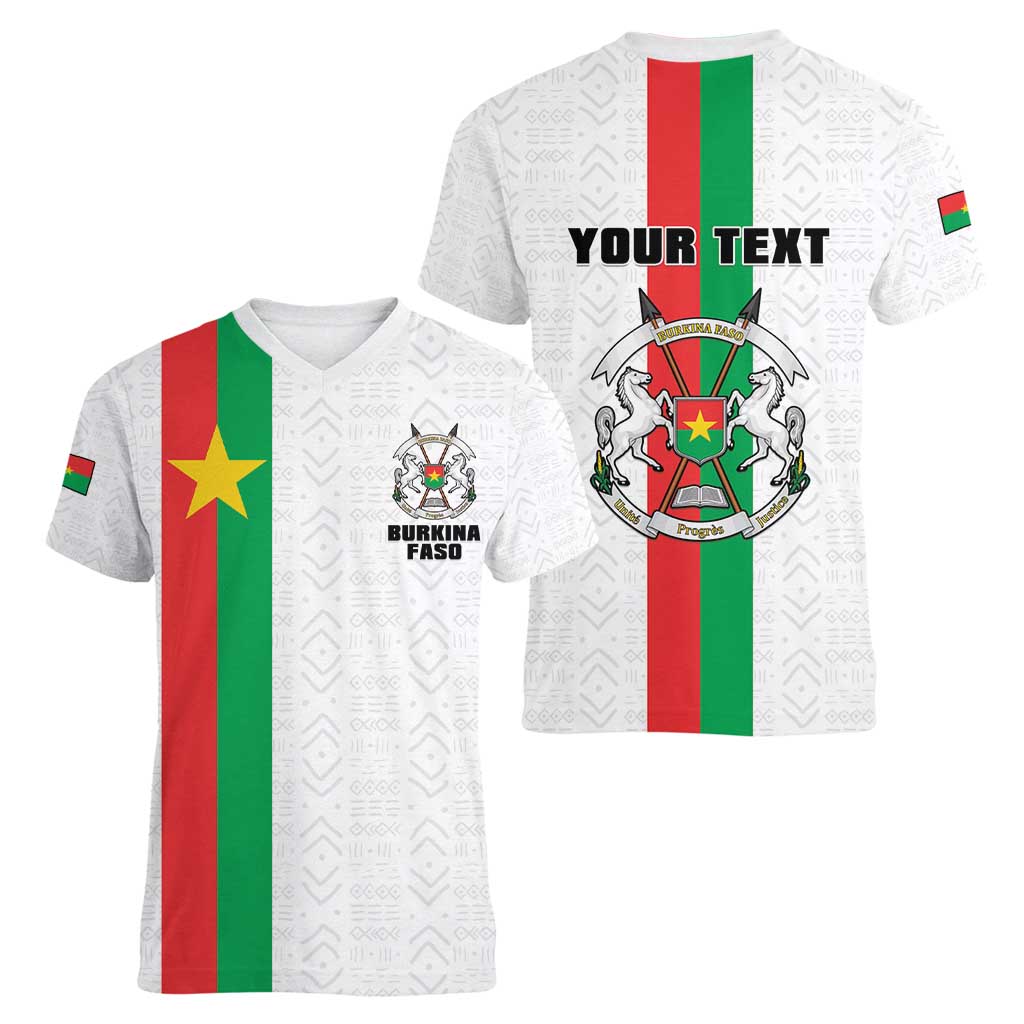 Personalized Burkina Faso Striped Women V-Neck T-Shirt African Mud Cloth Pattern - White - Wonder Print Shop