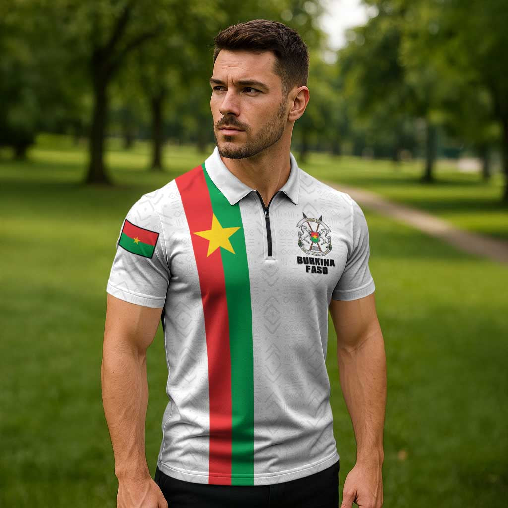 Personalized Burkina Faso Striped Zipper Polo Shirt African Mud Cloth Pattern - White - Wonder Print Shop