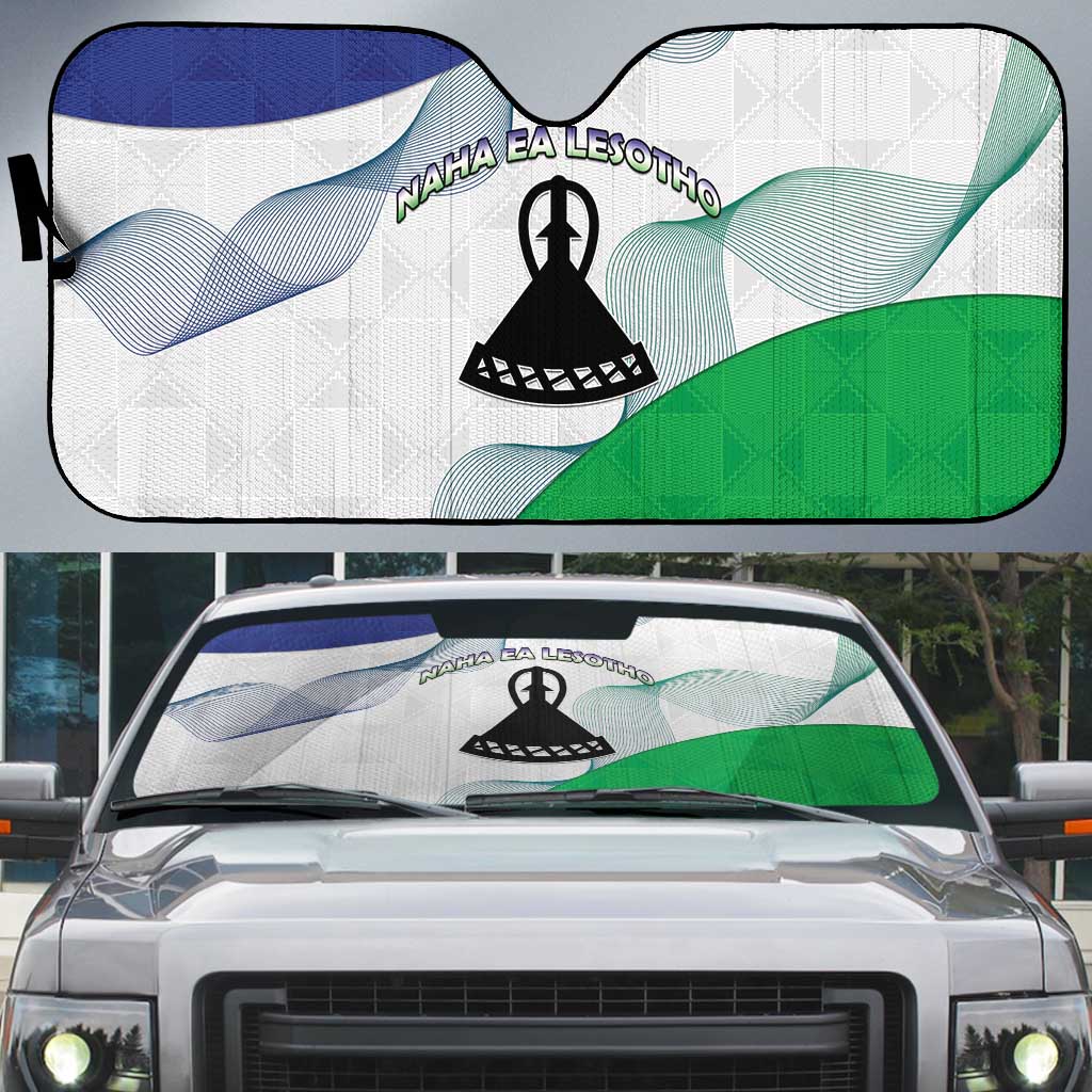 Lesotho Auto Sun Shade Coat Of Arms With Kente Pattern - Wonder Print Shop