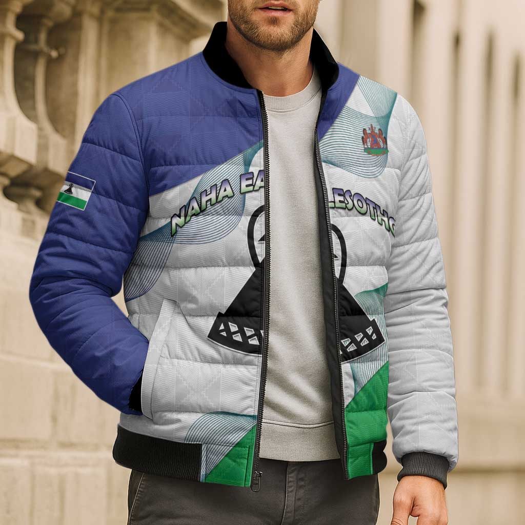 Personalized Lesotho Bomber Puffer Jacket Coat Of Arms With Kente Pattern - Wonder Print Shop