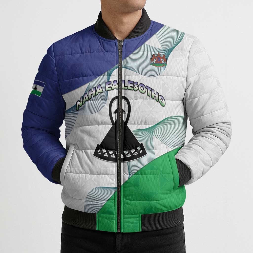 Personalized Lesotho Bomber Puffer Jacket Coat Of Arms With Kente Pattern - Wonder Print Shop