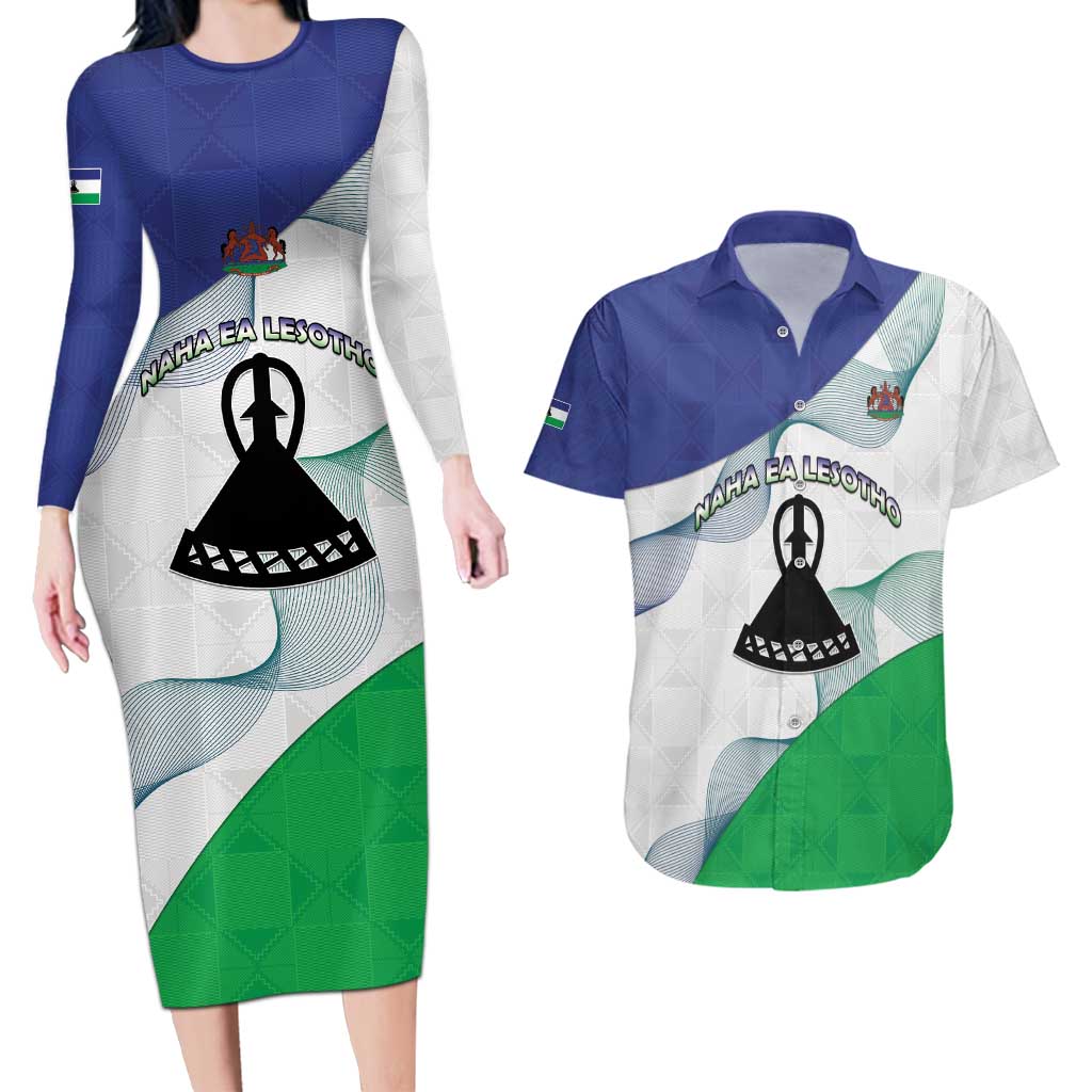 Personalized Lesotho Couples Matching Long Sleeve Bodycon Dress and Hawaiian Shirt Coat Of Arms With Kente Pattern - Wonder Print Shop