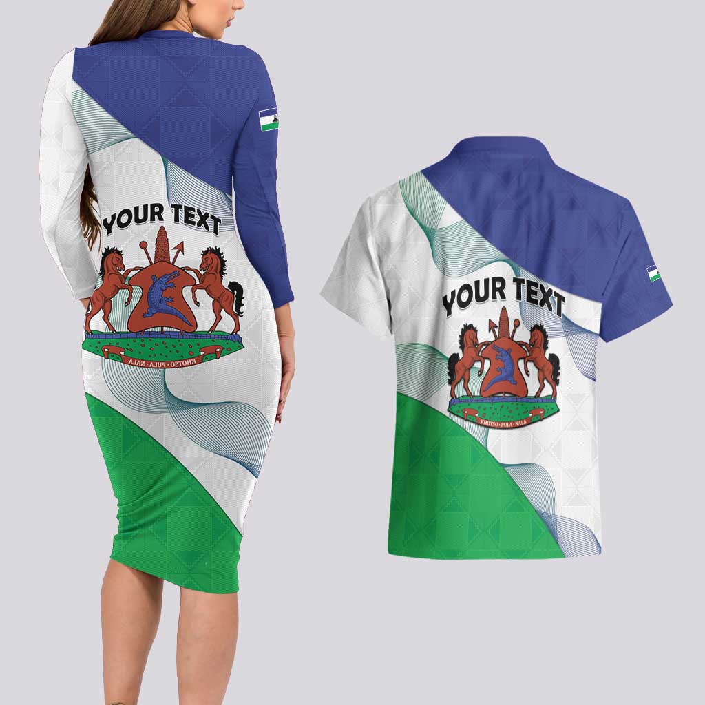 Personalized Lesotho Couples Matching Long Sleeve Bodycon Dress and Hawaiian Shirt Coat Of Arms With Kente Pattern - Wonder Print Shop