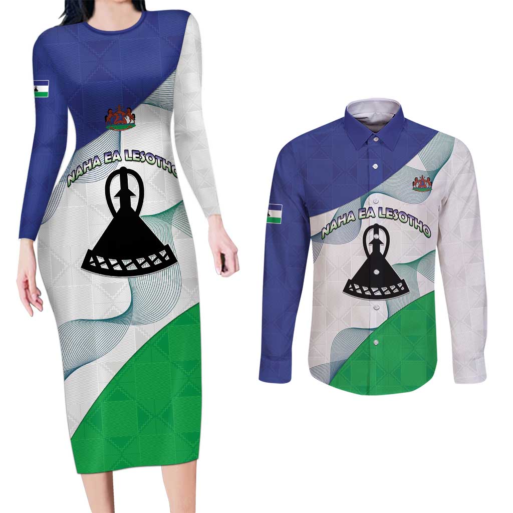 Personalized Lesotho Couples Matching Long Sleeve Bodycon Dress and Long Sleeve Button Shirt Coat Of Arms With Kente Pattern - Wonder Print Shop
