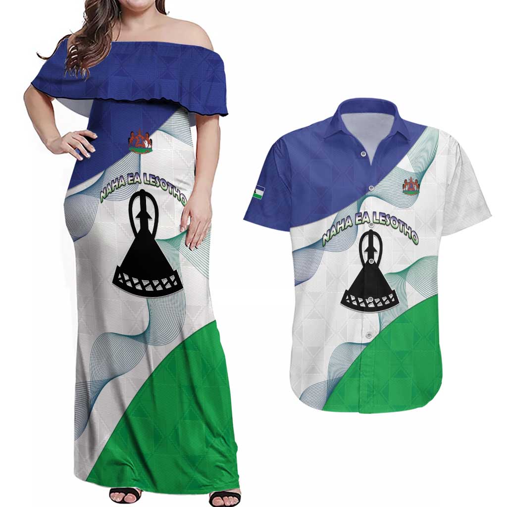 Personalized Lesotho Couples Matching Off Shoulder Maxi Dress and Hawaiian Shirt Coat Of Arms With Kente Pattern - Wonder Print Shop