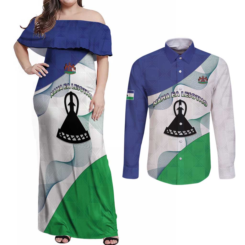 Personalized Lesotho Couples Matching Off Shoulder Maxi Dress and Long Sleeve Button Shirt Coat Of Arms With Kente Pattern - Wonder Print Shop