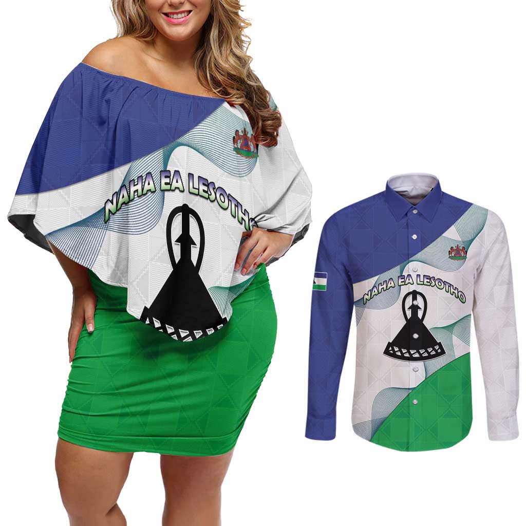 Personalized Lesotho Couples Matching Off Shoulder Short Dress and Long Sleeve Button Shirt Coat Of Arms With Kente Pattern - Wonder Print Shop
