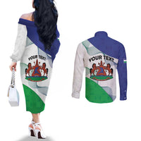Personalized Lesotho Couples Matching Off The Shoulder Long Sleeve Dress and Long Sleeve Button Shirt Coat Of Arms With Kente Pattern - Wonder Print Shop
