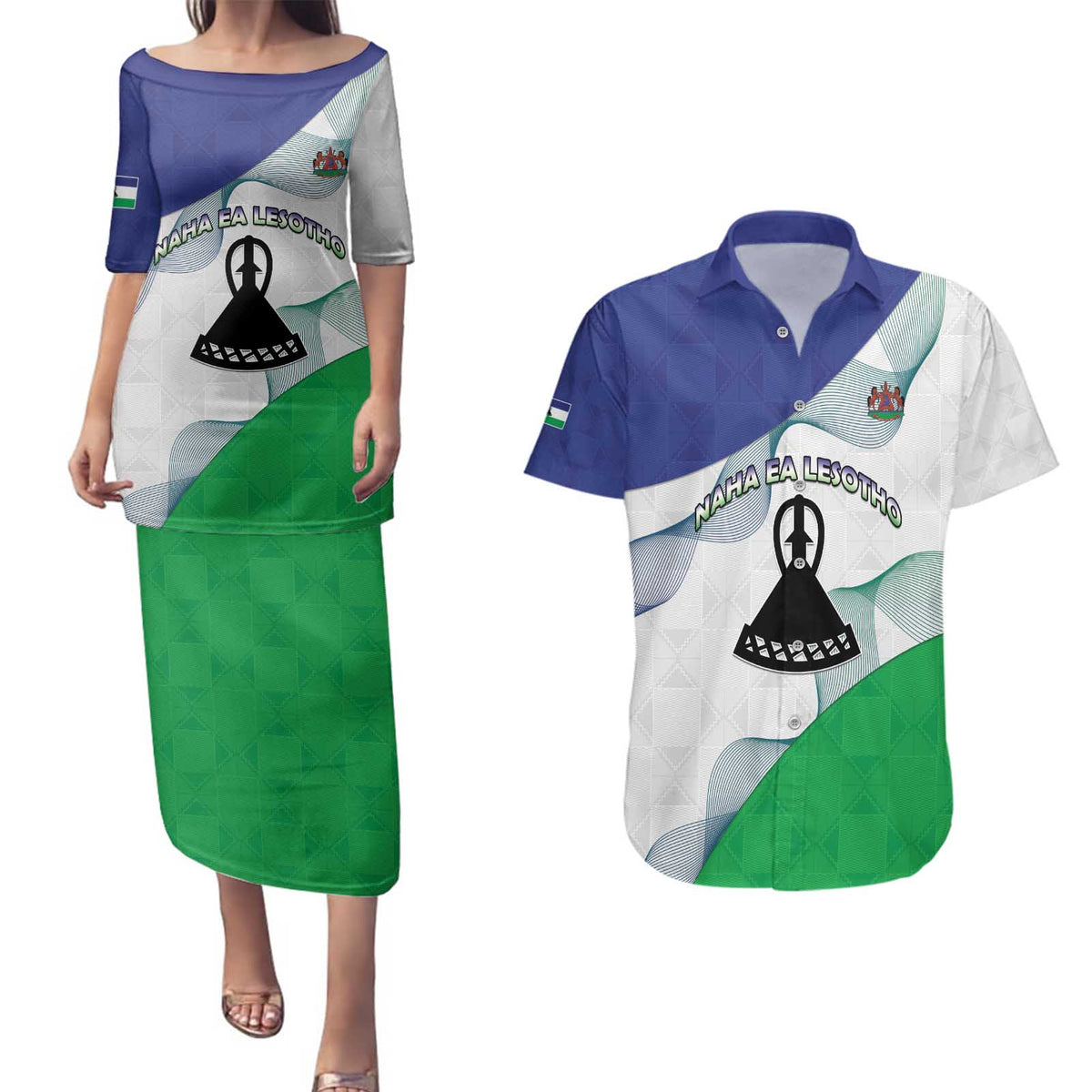 Personalized Lesotho Couples Matching Puletasi and Hawaiian Shirt Coat Of Arms With Kente Pattern - Wonder Print Shop