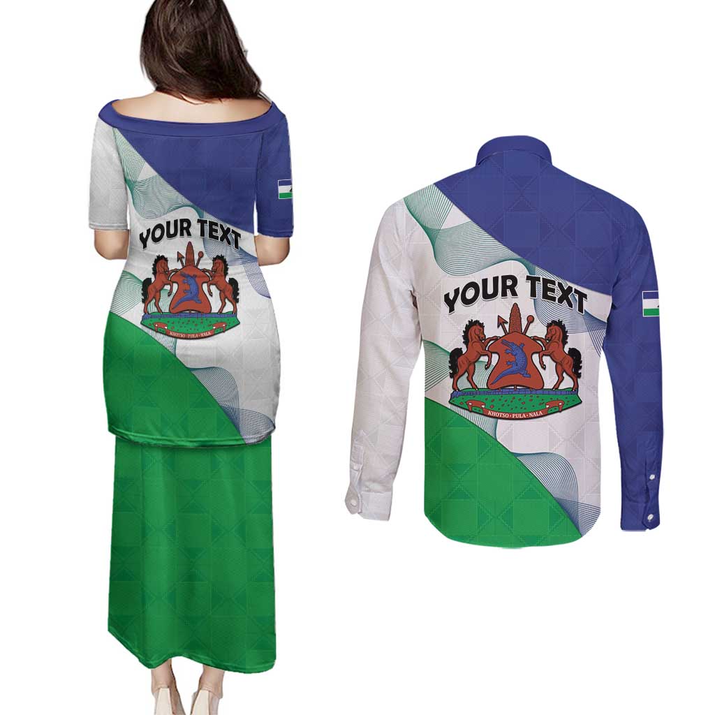Personalized Lesotho Couples Matching Puletasi and Long Sleeve Button Shirt Coat Of Arms With Kente Pattern - Wonder Print Shop